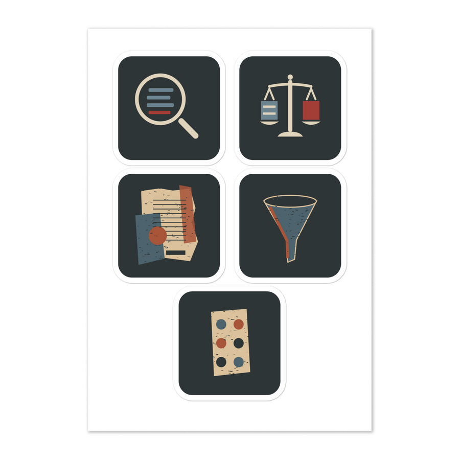 Truth Critical Questions Five-Symbol Sticker Sheet | Thread Your Voice — Full sheet and readable detail — supplier-generated mockup; not a physical sample.