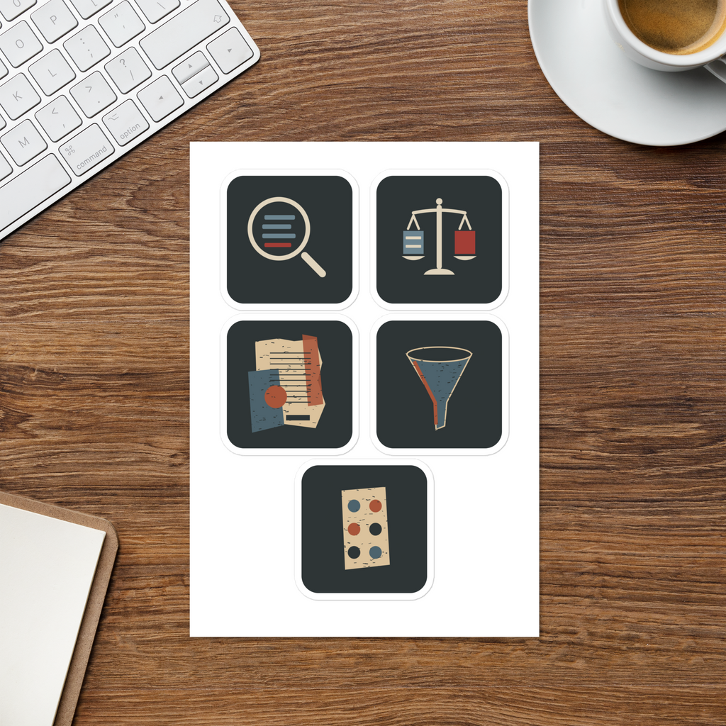Truth Critical Questions Five-Symbol Sticker Sheet | Thread Your Voice — Desk context / relative scale — supplier-generated mockup; not a physical sample.