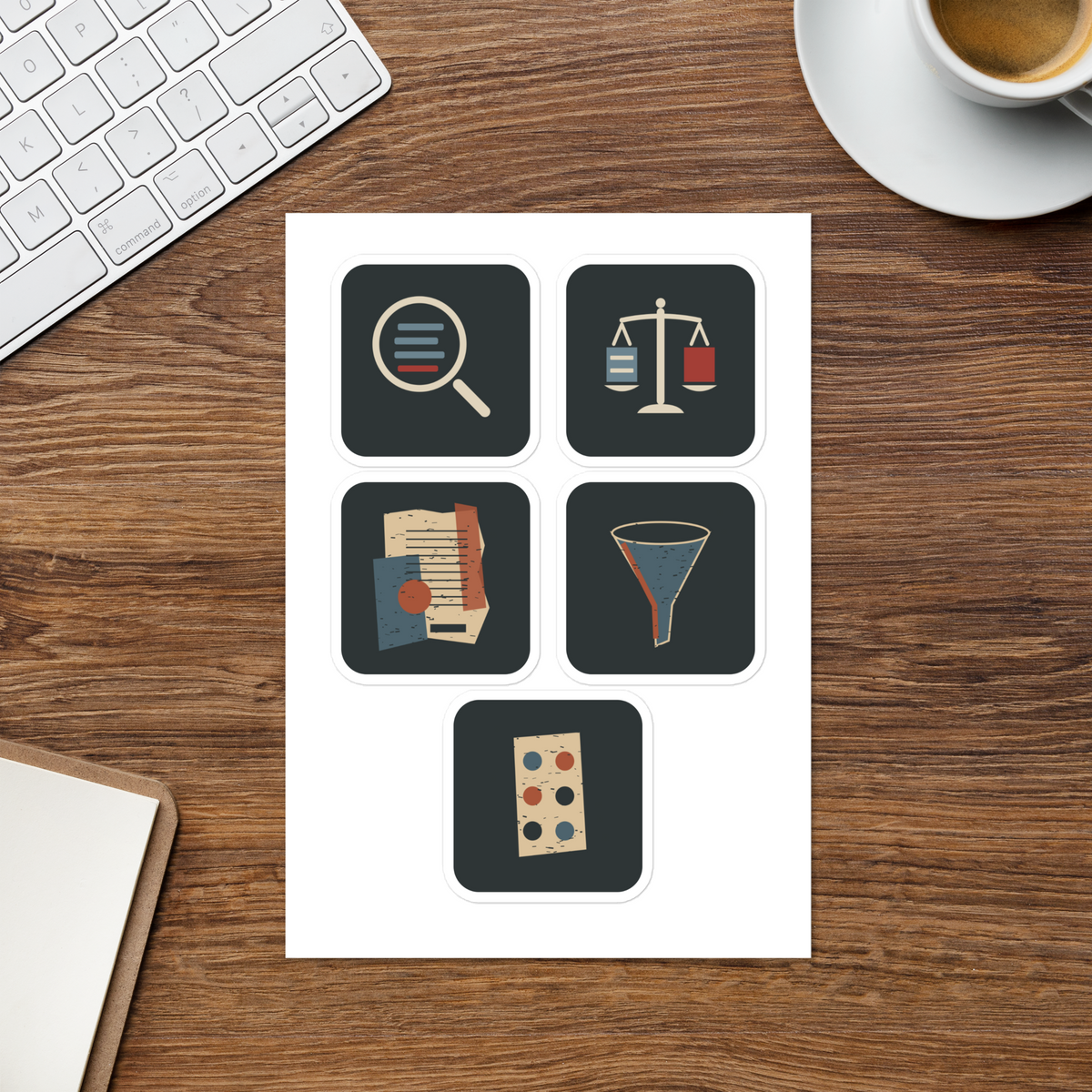 Truth Critical Questions Five-Symbol Sticker Sheet | Thread Your Voice — Desk context / relative scale — supplier-generated mockup; not a physical sample.