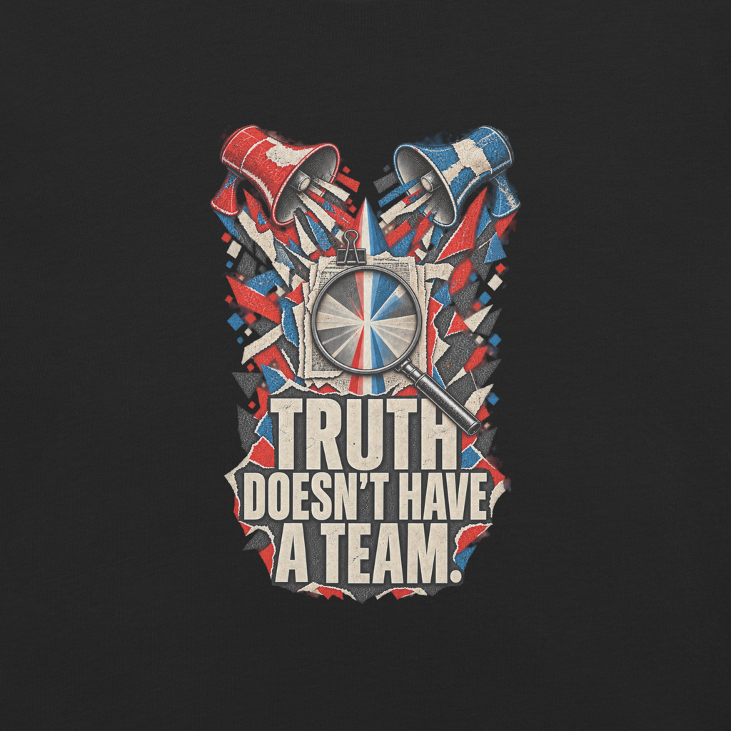 Truth Doesn’t Have a Team Heavyweight Tee | Thread Your Voice — Complete artwork detail — supplier-generated mockup; not a physical sample.