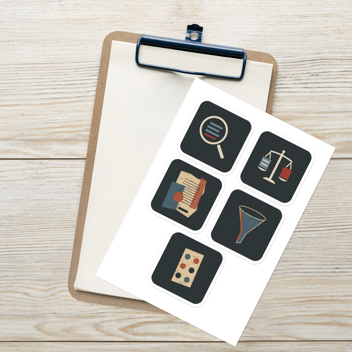 Truth Critical Questions Five-Symbol Sticker Sheet | Thread Your Voice — Clipboard context / relative scale — supplier-generated mockup; not a physical sample.