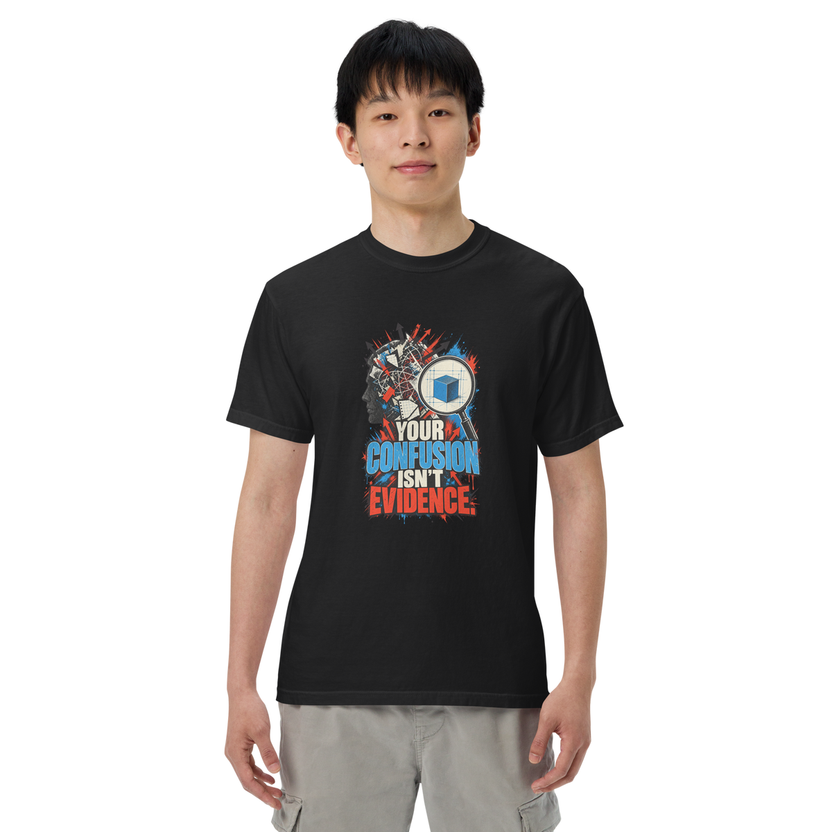 Truth Confusion Is Not Evidence Heavyweight Tee | Thread Your Voice — First person — supplier-generated mockup; not a physical sample.
