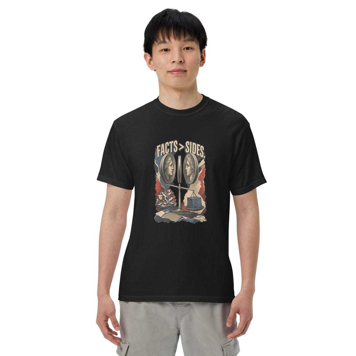 Truth Facts Over Sides Heavyweight Tee | Thread Your Voice — First person — supplier-generated mockup; not a physical sample.
