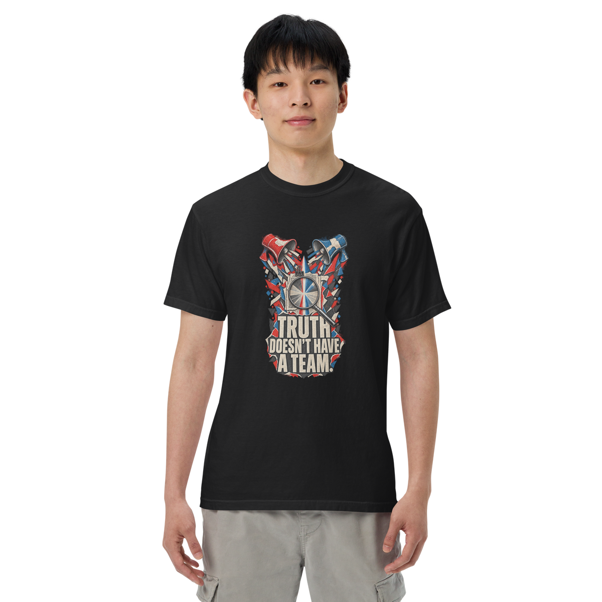 Truth Doesn’t Have a Team Heavyweight Tee | Thread Your Voice — First person — supplier-generated mockup; not a physical sample.