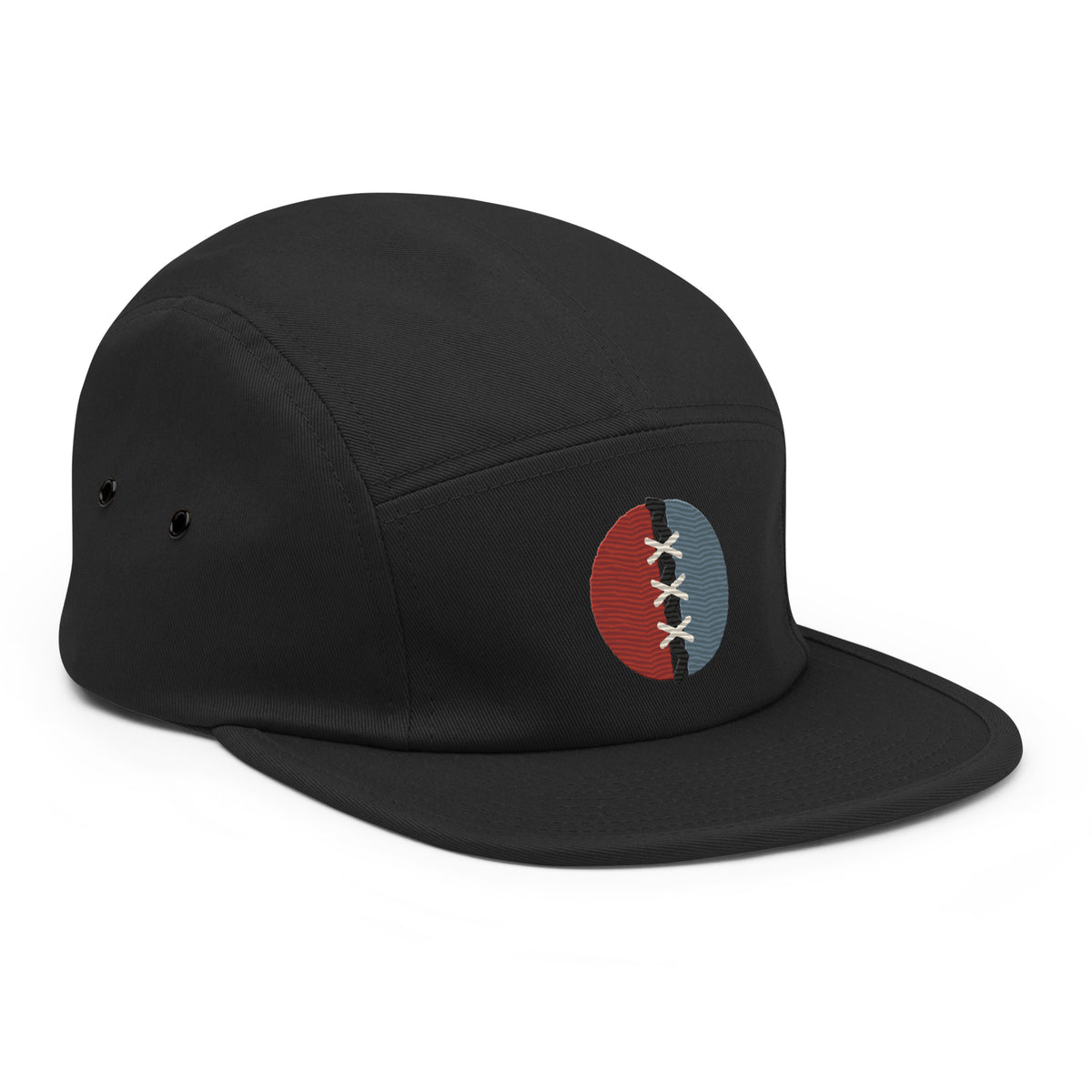Angled front view of Witness Mended Signal embroidery and the black five-panel cap shape.