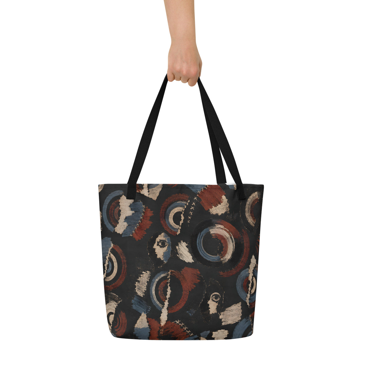 Exterior back view of the Witness Signals Large Carryall with all-over Witness artwork and black handles.