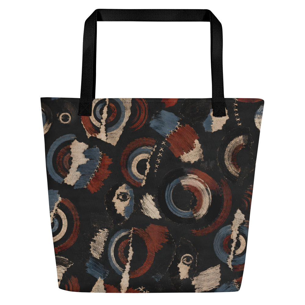Full exterior front of the Witness Signals Large Carryall with all-over portrait and signal artwork and black handles.