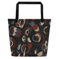 Full exterior front of the Witness Signals Large Carryall with all-over portrait and signal artwork and black handles.