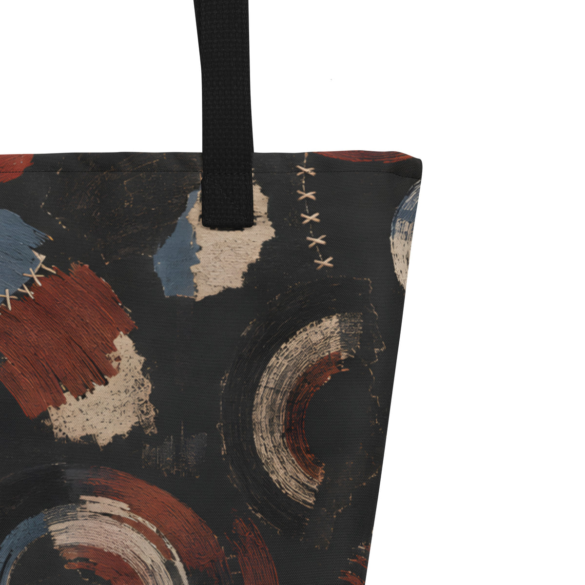 Product detail view of the Witness Signals Large Carryall, showing its all-over printed fabric and black handles.