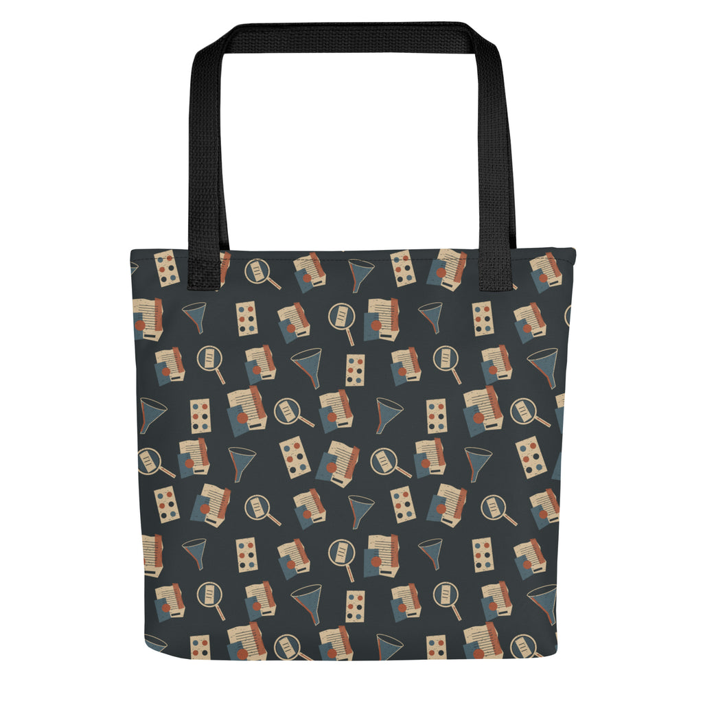 Back of the Truth Evidence in Motion tote, showing the upright all-over evidence collage and black cotton handles.