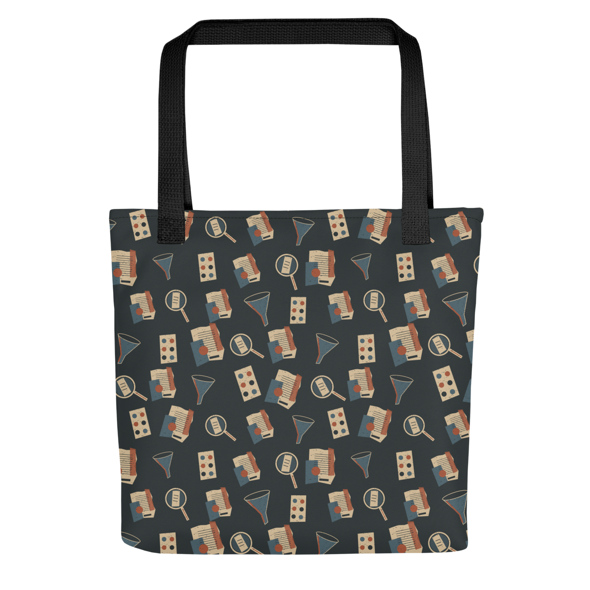 Angled view of the Truth Evidence in Motion tote, showing the printed front, side shape and black handles.