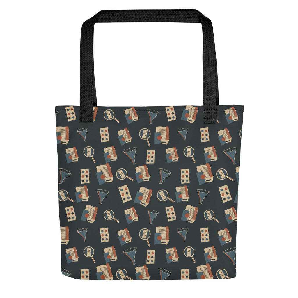 Front of the Truth Evidence in Motion tote with black handles and an all-over magnifying-glass, evidence-fragment and funnel pattern.