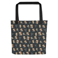 Front of the Truth Evidence in Motion tote with black handles and an all-over magnifying-glass, evidence-fragment and funnel pattern.