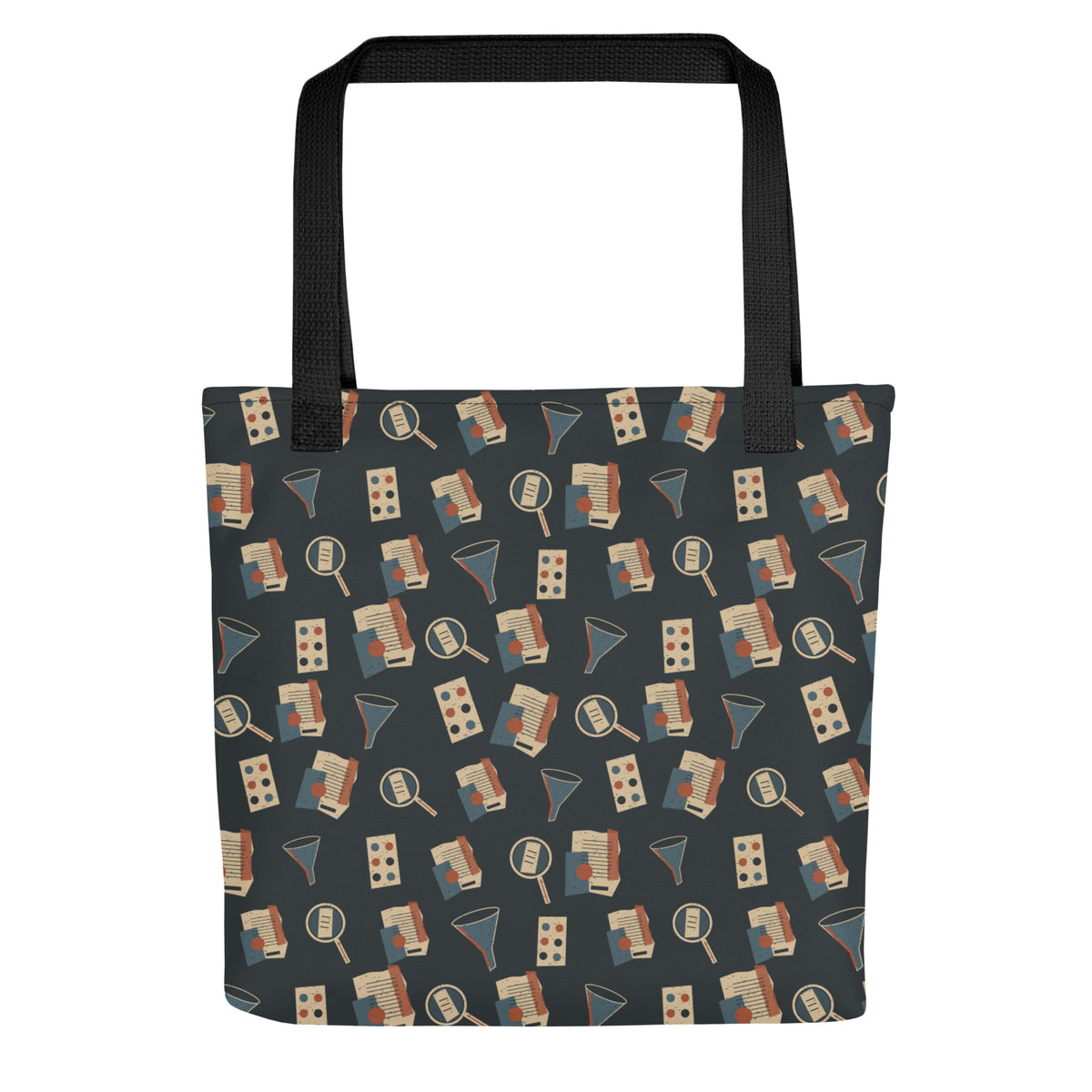 Front of the Truth Evidence in Motion tote with black handles and an all-over magnifying-glass, evidence-fragment and funnel pattern.