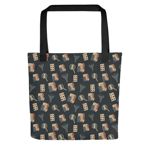 Front of the Truth Evidence in Motion tote with black handles and an all-over magnifying-glass, evidence-fragment and funnel pattern.