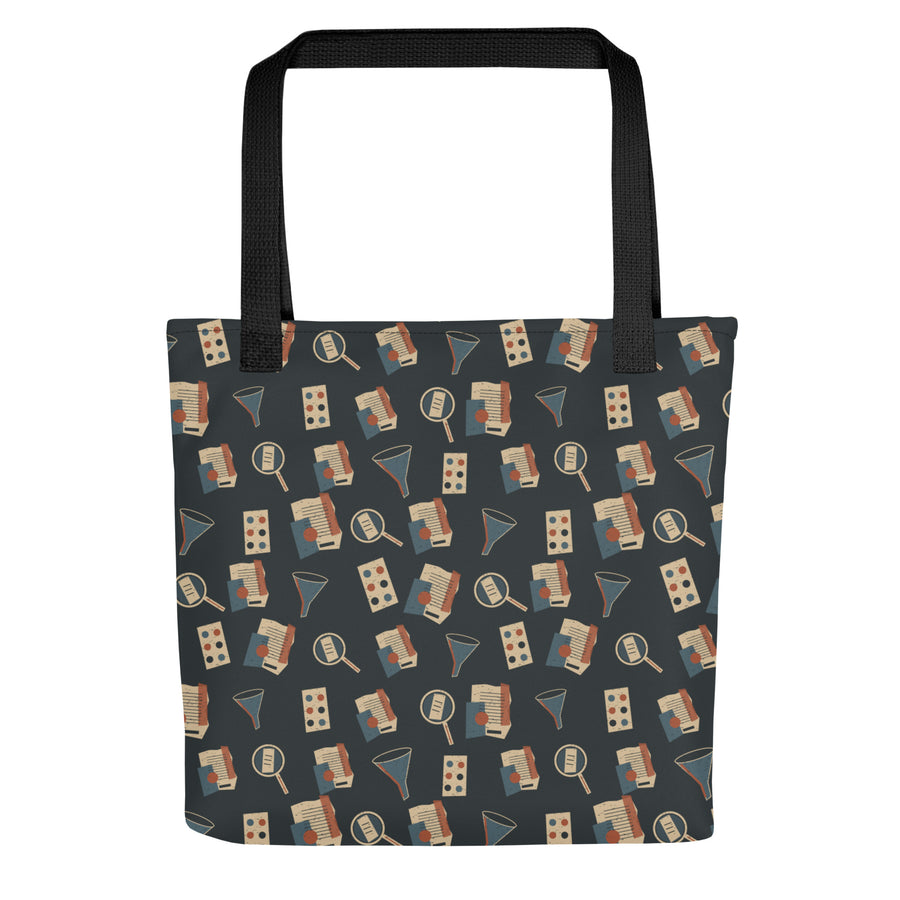 Front of the Truth Evidence in Motion tote with black handles and an all-over magnifying-glass, evidence-fragment and funnel pattern.