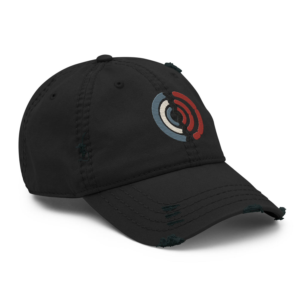 Angled front view of the Witness Broadcast Scar embroidered signal design and black distressed cap.