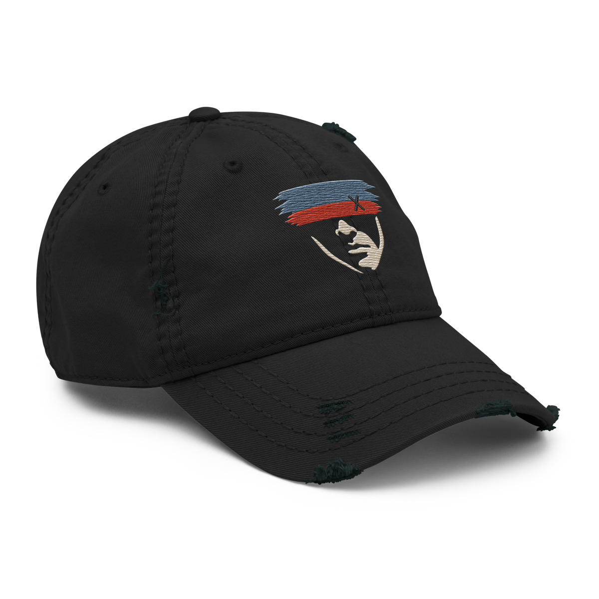 Right front view of Witness Covered Face unlimited embroidery showing the stitched portrait and distressed black cap shape.