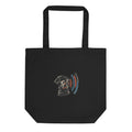 Black organic cotton tote with the TYV shirt-and-voice mark printed on the front