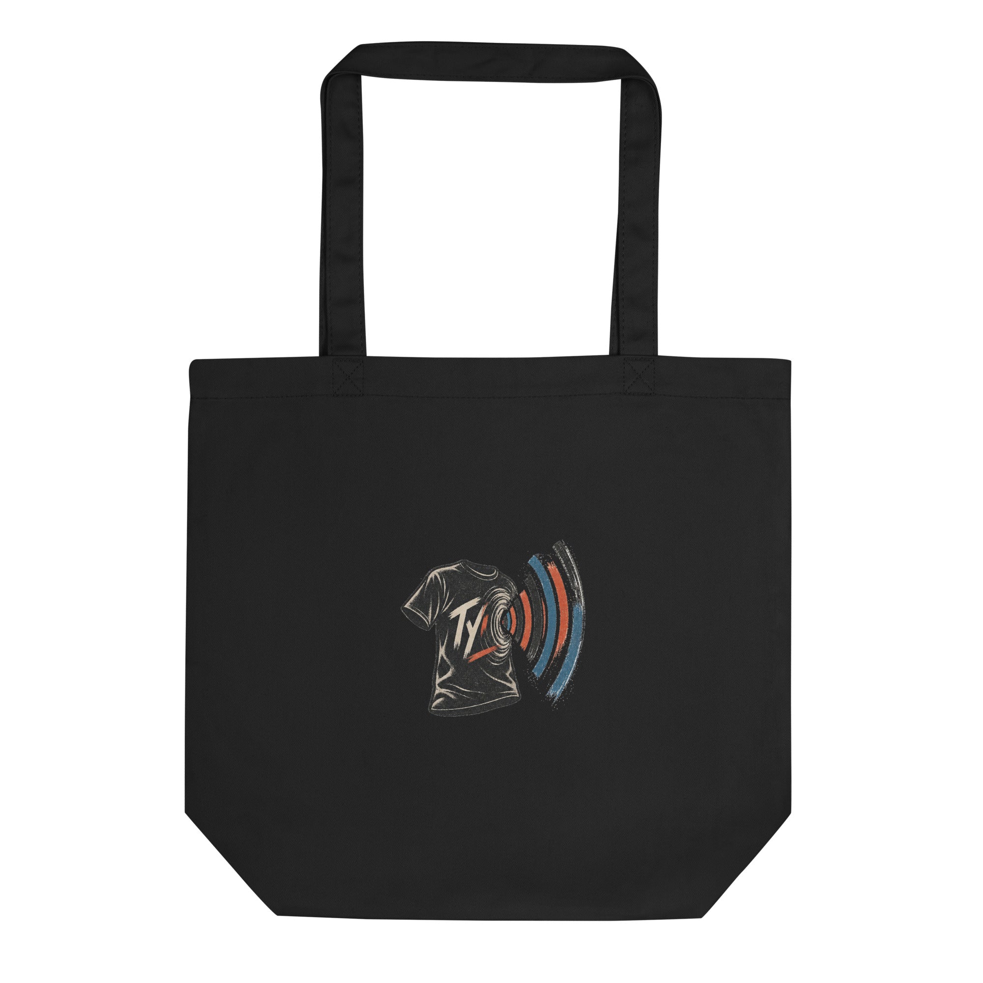 Black organic cotton tote with the TYV shirt-and-voice mark printed on the front