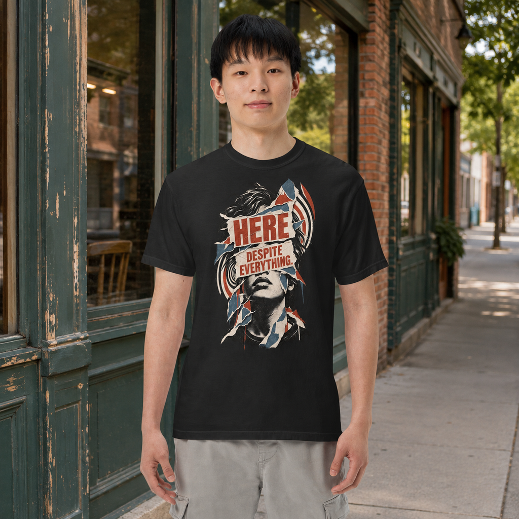 Product visualization: model wearing the black Here Despite Everything portrait tee outside a storefront.