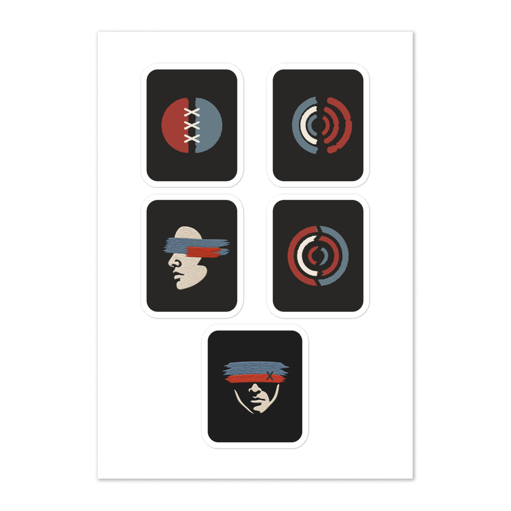 White Witness sheet with five separate dark stickers: Mended Signal, Broadcast Scar, side-profile face, Broken Signal and front-facing Covered Face.