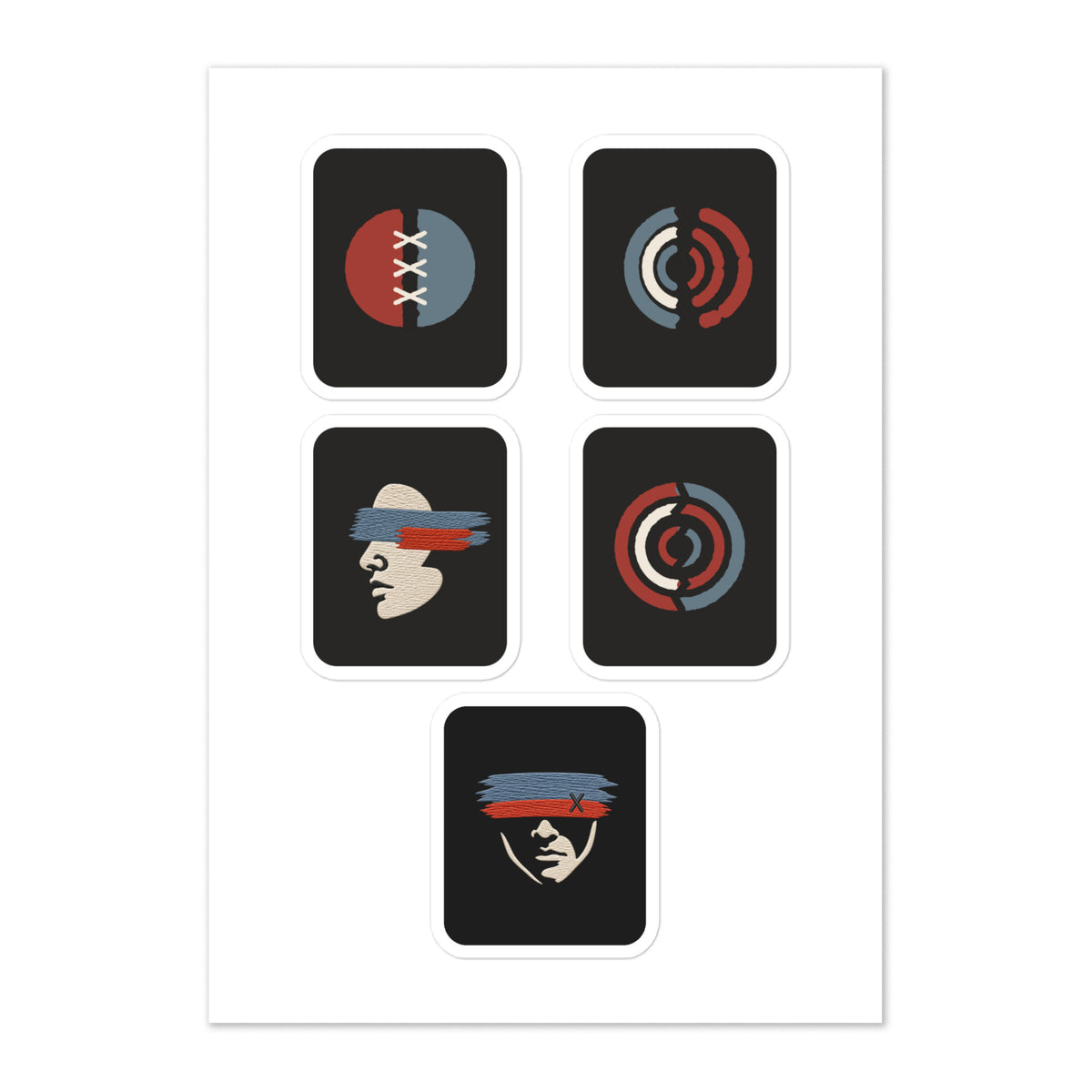 White Witness sheet with five separate dark stickers: Mended Signal, Broadcast Scar, side-profile face, Broken Signal and front-facing Covered Face.