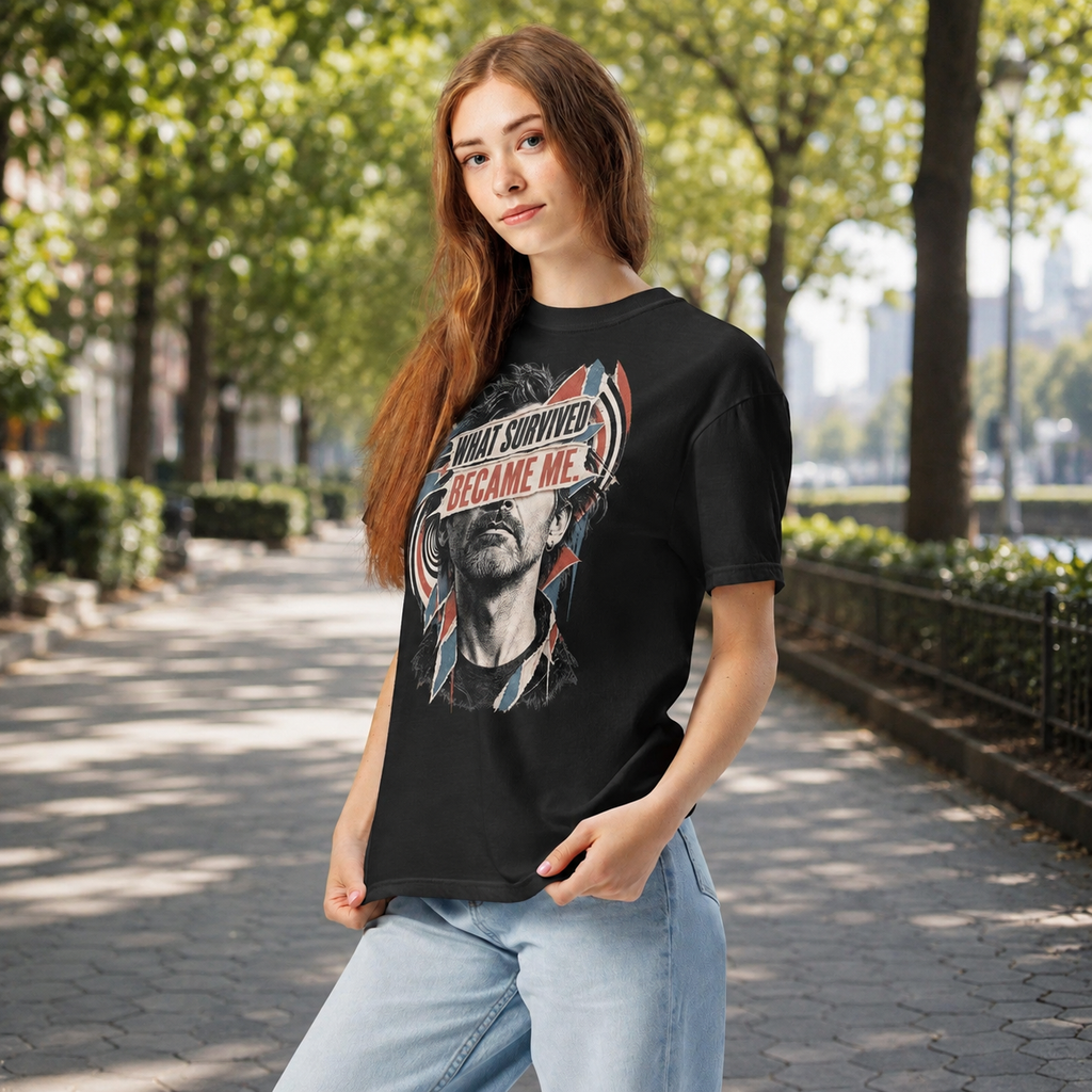 Product visualization: model wearing the black What Survived Became Me portrait tee in a park.