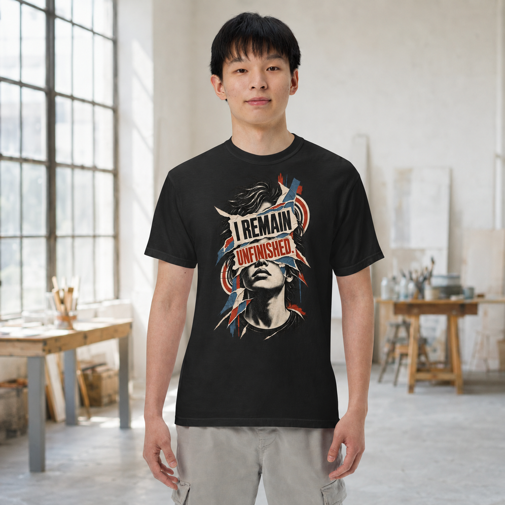 Product visualization: model wearing the black I Remain Unfinished portrait tee in a studio.