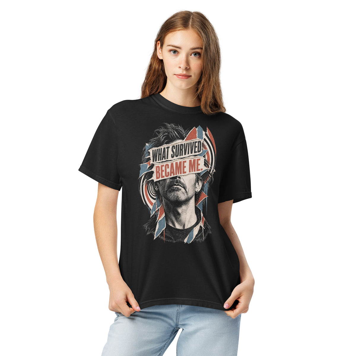 What Survived Became Me. Heavyweight T-Shirt — product view.