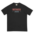 Front of black Witness 2026 tee with distressed rust Witness lettering and blue 2026.
