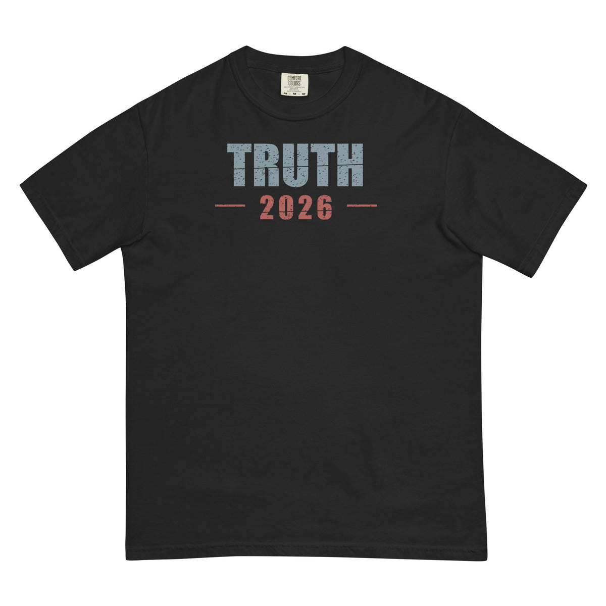 Front of a black Truth 2026 distressed title tee with distressed blue Truth title and rust-red 2026.
