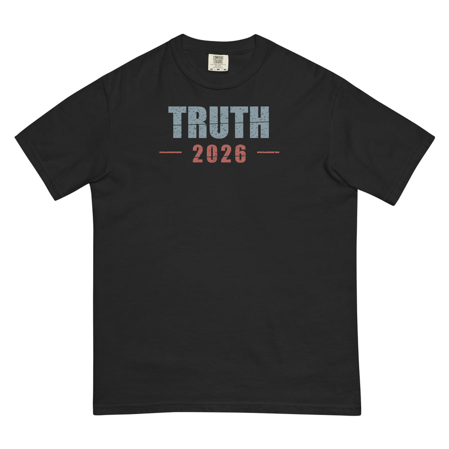Front of a black Truth 2026 distressed title tee with distressed blue Truth title and rust-red 2026.