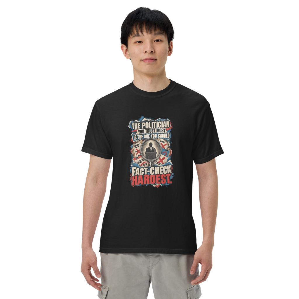 Truth Fact-Check Trust Heavyweight Tee | Thread Your Voice — First person — supplier-generated mockup; not a physical sample.