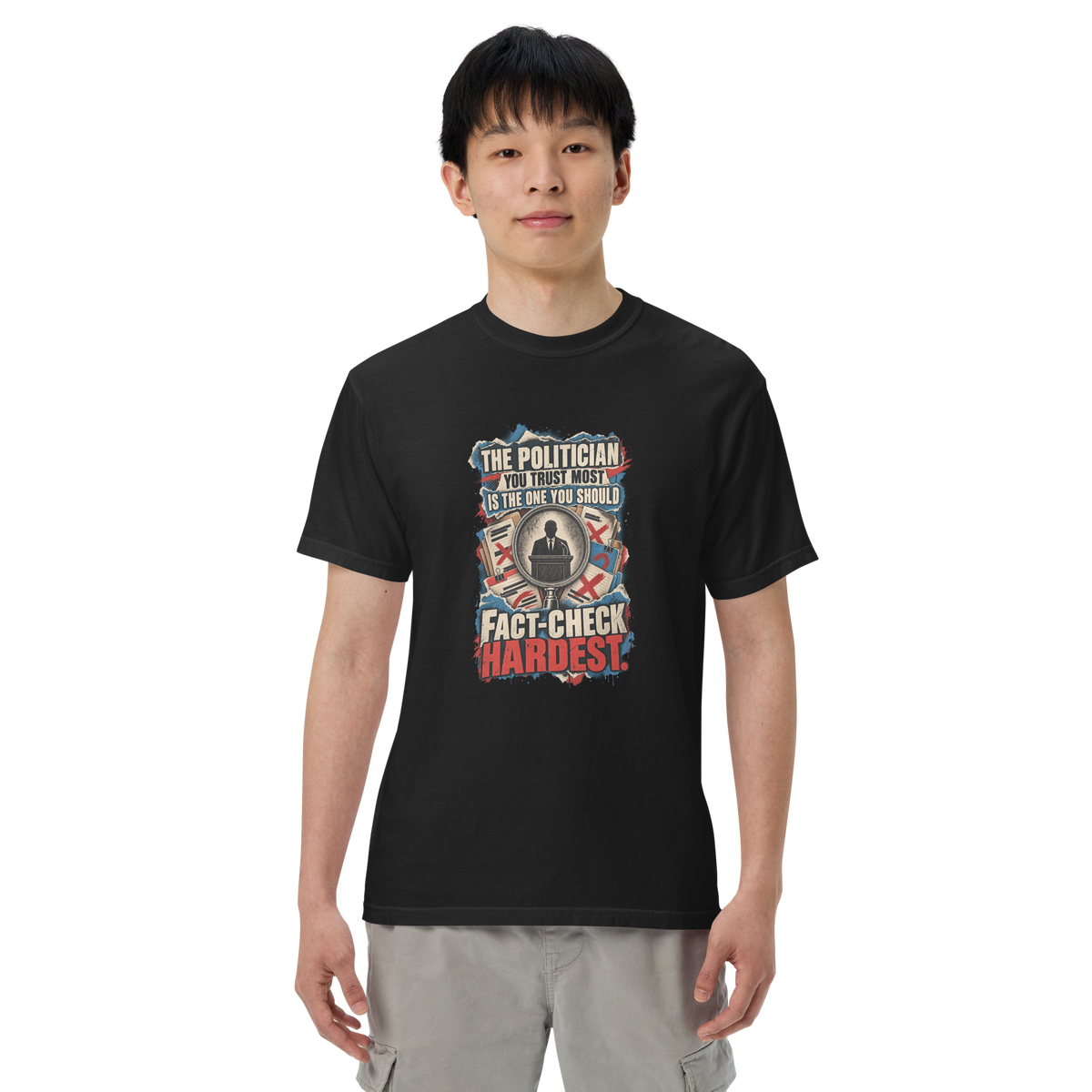 Truth Fact-Check Trust Heavyweight Tee | Thread Your Voice — First person — supplier-generated mockup; not a physical sample.