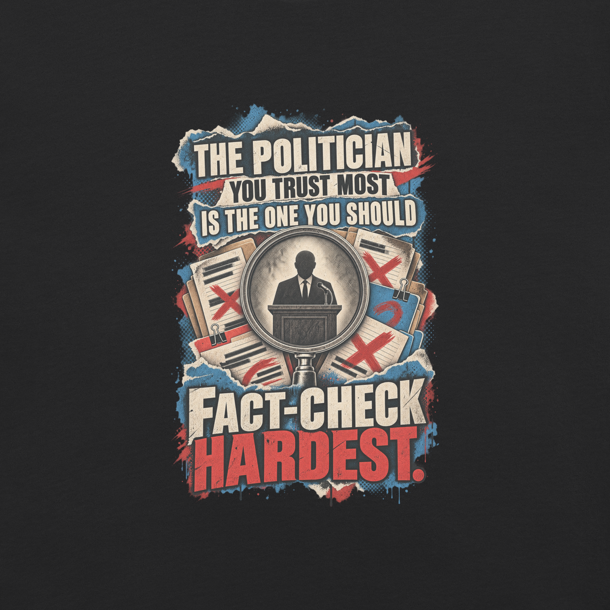 Truth Fact-Check Trust Heavyweight Tee | Thread Your Voice — Complete artwork detail — supplier-generated mockup; not a physical sample.