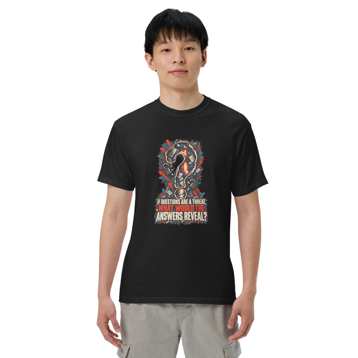 Truth Questions Reveal Heavyweight Tee | Thread Your Voice — First person — supplier-generated mockup; not a physical sample.