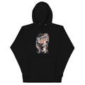 Front of a black Witness Outlived pullover hoodie with Outlived portrait artwork.