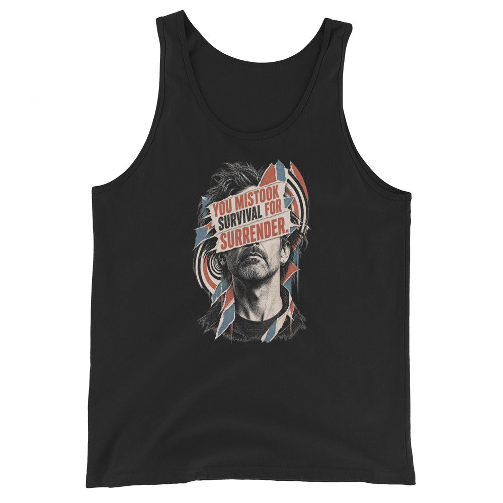 Front of a black Witness Survival unisex tank with Survival portrait artwork.